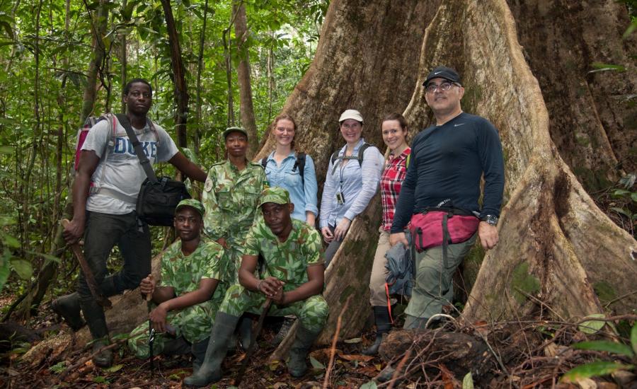 The AFriSAR rainforest team. From right to left: Sassan Saatchi (JPL), Victoria Meyer (JPL/CalTech), Laura Duncanson (GSFC), Suzanne Marselis (UMD), 3 ANPN Ecoguards, Leandre ANPN Research Assistant