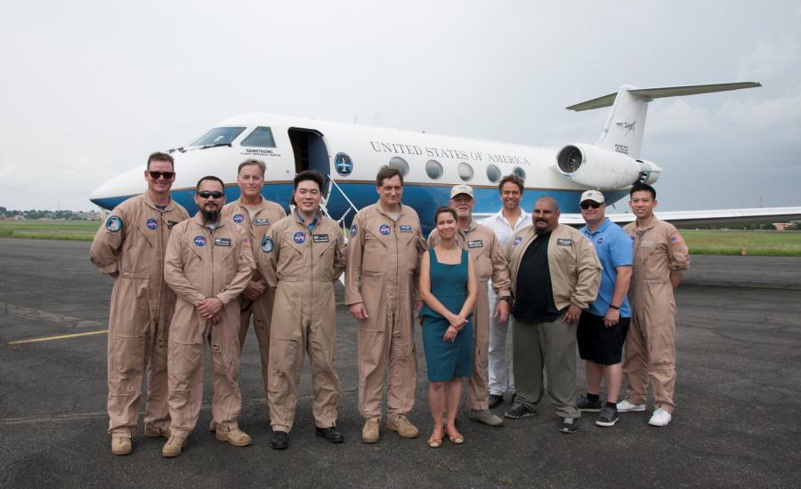 The NASA UAVSAR Crew in front of the C-20A research aircraft from NASA's Armstrong Flight Research Center in Edwards, California. The C-20A is one of two research aircrafts used during the AfriSAR campaign in Gabon. The radar flies 40,000 feet high mounted beneath the C-20A aircraft.