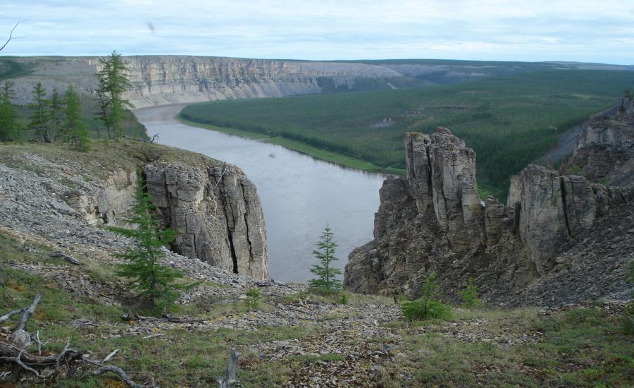 The cliffs above the confluence of the Kotuykan and Kotuy Rivers in northern Siberia.